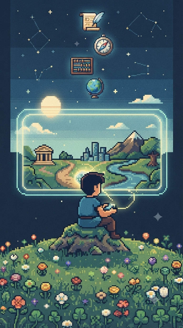 Pixel-Art-Illustration im 16-Bit-Stil: Eine Person mit blonden, langen Haaren sitzt in Rückenansicht auf einem kleinen, mit Blumen bewachsenen Hügel. Sie hält einen Controller in den Händen und schaut auf einen in der Luft schwebenden Bildschirm, der eine idyllische Spiellandschaft mit einem griechischen Tempel, einem Fluss und einer Burg zeigt. Über dem Bildschirm schweben dezent ikonische Symbole wie ein Buch, ein Kompass, ein Abakus und ein Globus als Zeichen für Wissensaneignung und Welterschließung.